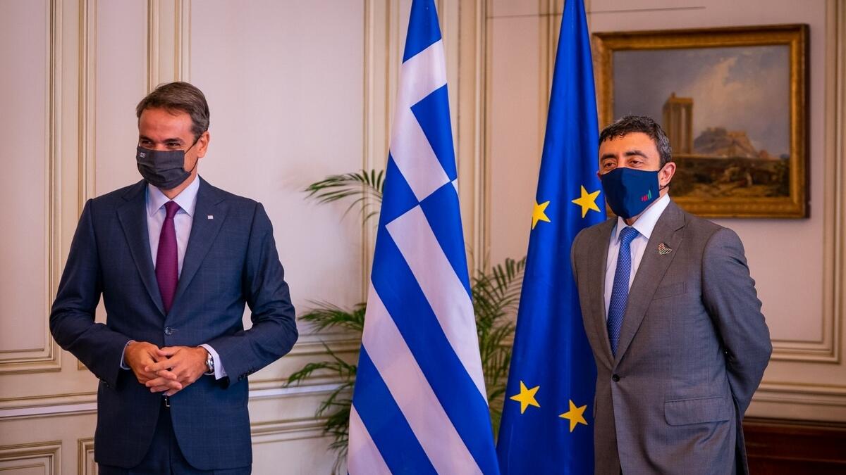prime minister of greece, Kyriakos Mitsotakis, sheikh abdullah, uae,  Nikos Dendias