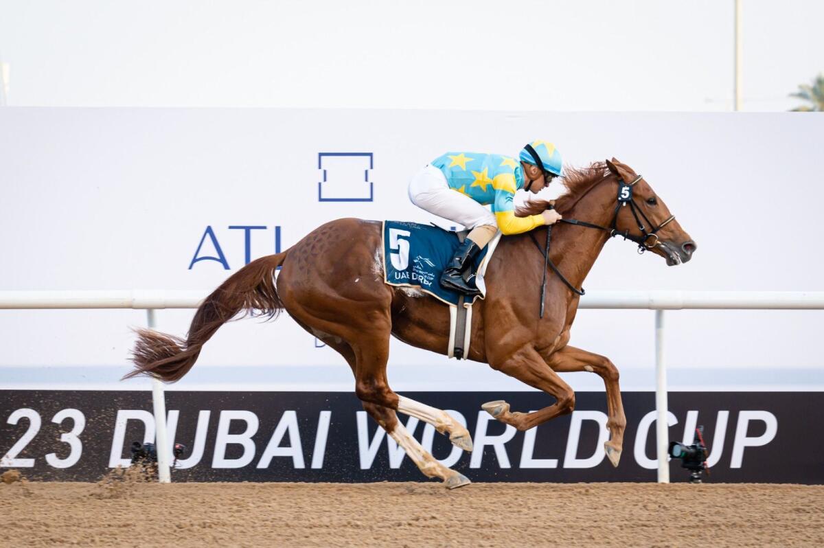 Derma Sotogake, ridden by Christophe Lemaire, wins the UAE Derby at Meydan in Dubai. — Photo by Neeraj Murali