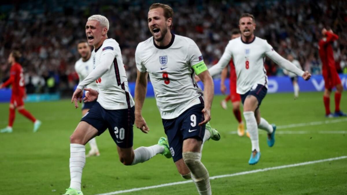 England striker Harry Kane (9) celebrates his goal against Denmark. (Euro 2020 Twitter)