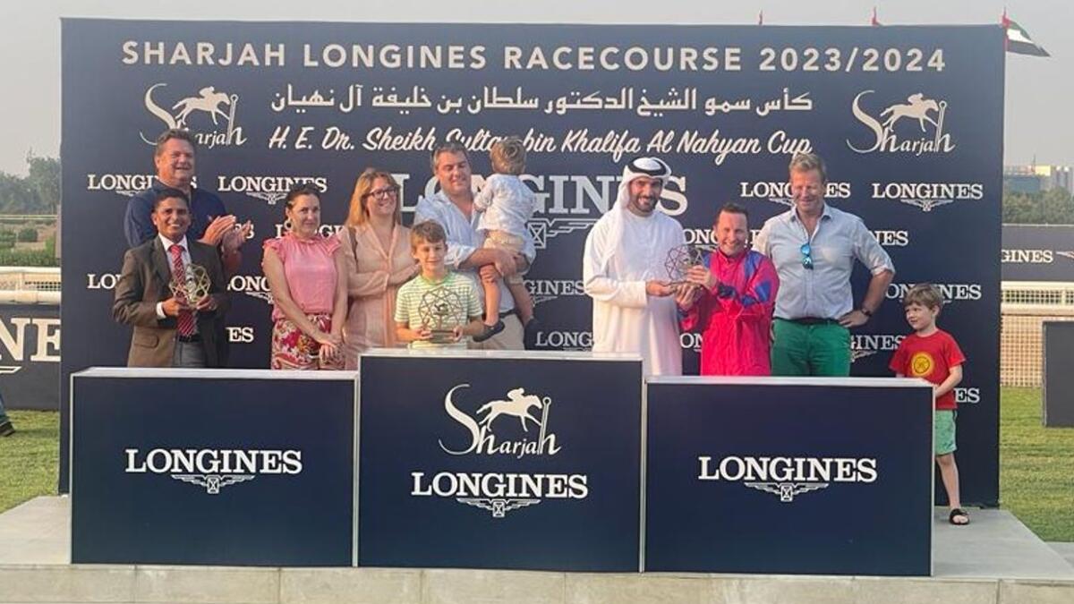 Happy members of the Desert Rose Racing syndicate after the trophy presentation at Sharjah. - Supplied photo