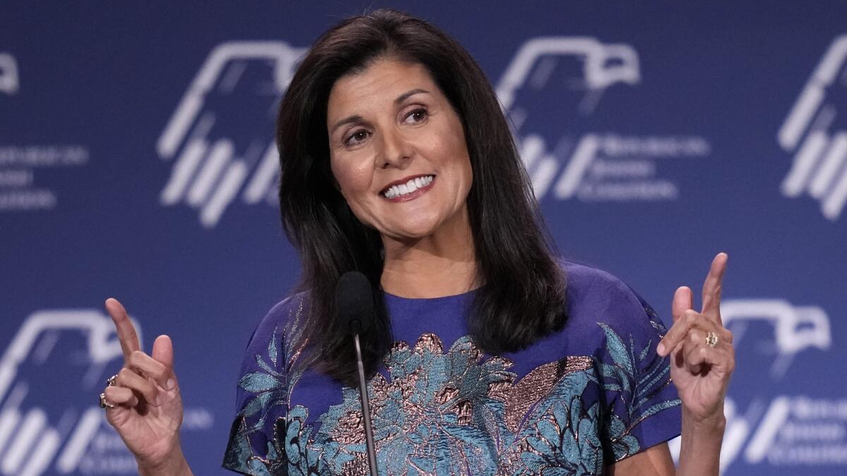 Former UN Ambassador Nikki Haley speaks at an annual leadership meeting of the Republican Jewish Coalition  on Saturday in Las Vegas. — AP
