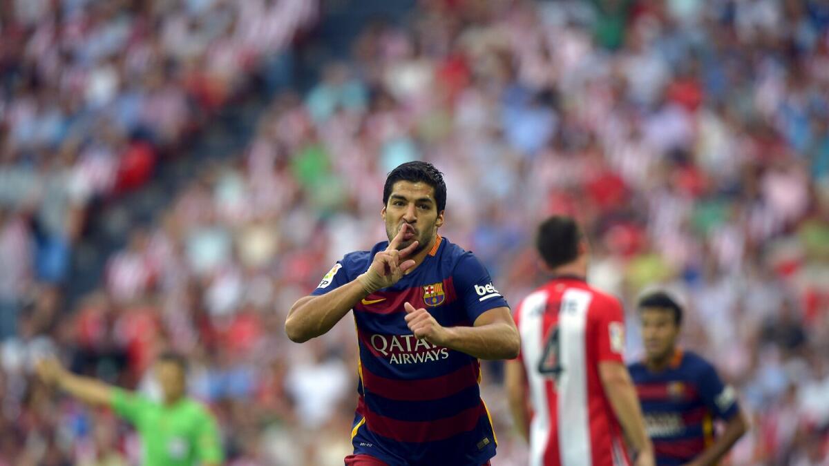 Barcelona’s Luis Suarez celebrates a goal during their La Liga match against Athletic Bilbao. 