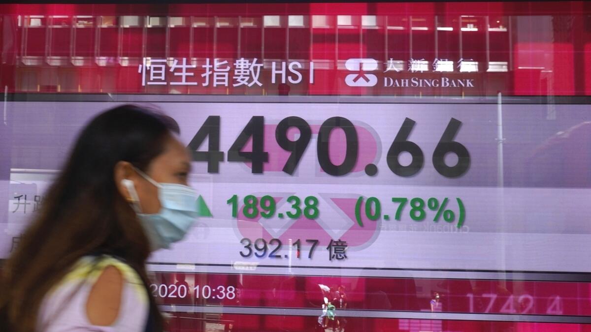 A woman wearing a face mask walks past a bank's electronic board showing the Hong Kong share index at Hong Kong Stock Exchange  on Tuesday. -  AP