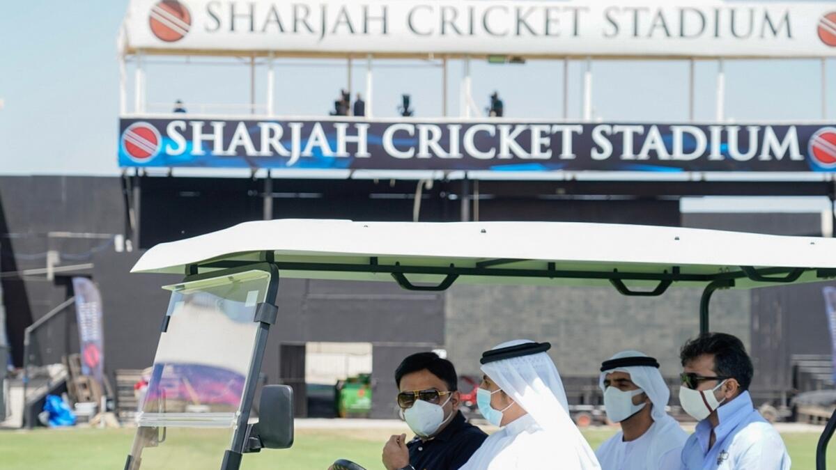 Jay Shah and Waleed Bukhatir visit the Sharjah Cricket Stadium on Friday
