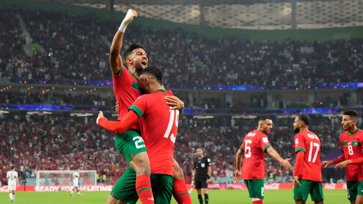Morocco's Youssef En-Nesyri (right) celebrates after scoring his side's match-winning goal in the Fifa World Cup quarterfinal against Portugal, at Al Thumama Stadium in Doha, Qatar. Photo: AP
