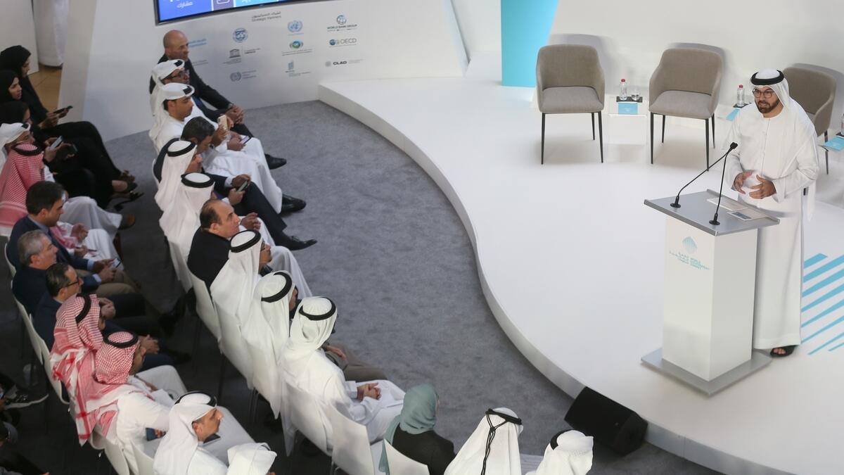 Mohammed Abdullah Al Gergawi, Minister of Cabinet Affairs and the Future and Chairman of the World Government Summit presents the agenda of the seventh edition of the World Government Summit 2019.-Photo by Dhes Handumon