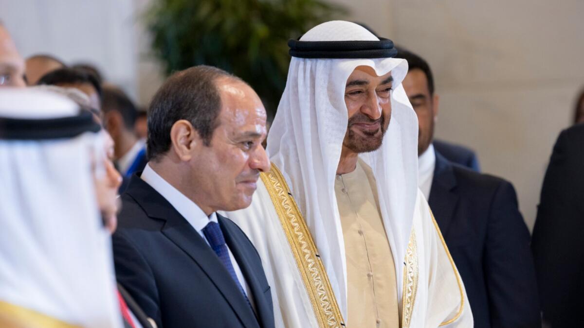 Sheikh Mohamed bin Zayed Al Nahyan and Abdel Fattah Al Sisi at Regal Heights Hotel in Al Alamein City. — Wam