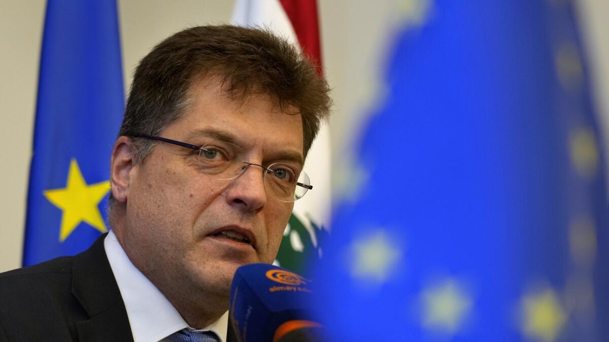 European Commissioner for Crisis Management Janez Lenarcic speaks during a press conference at the EU headquarters in Beirut, Lebanon, on Friday. — AP