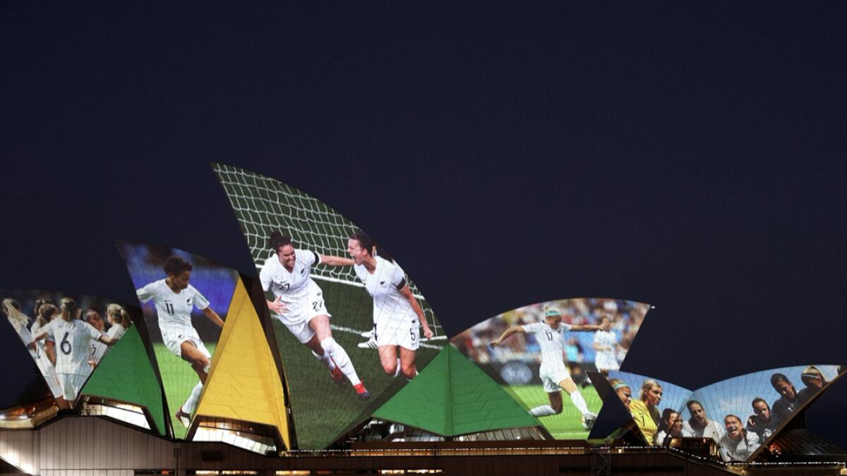 The Sydney Opera House lights up in celebration of Australia and New Zealand's joint bid to host the Fifa Women's World Cup 2023, in Sydney, Australia. Photo: Reuters