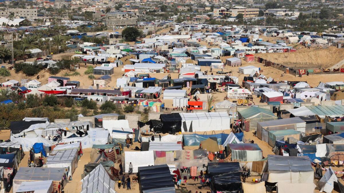 A general view of a tent camp sheltering displaced Palestinians, who fled their homes due to Israeli strikes, in Rafah. — Reuters