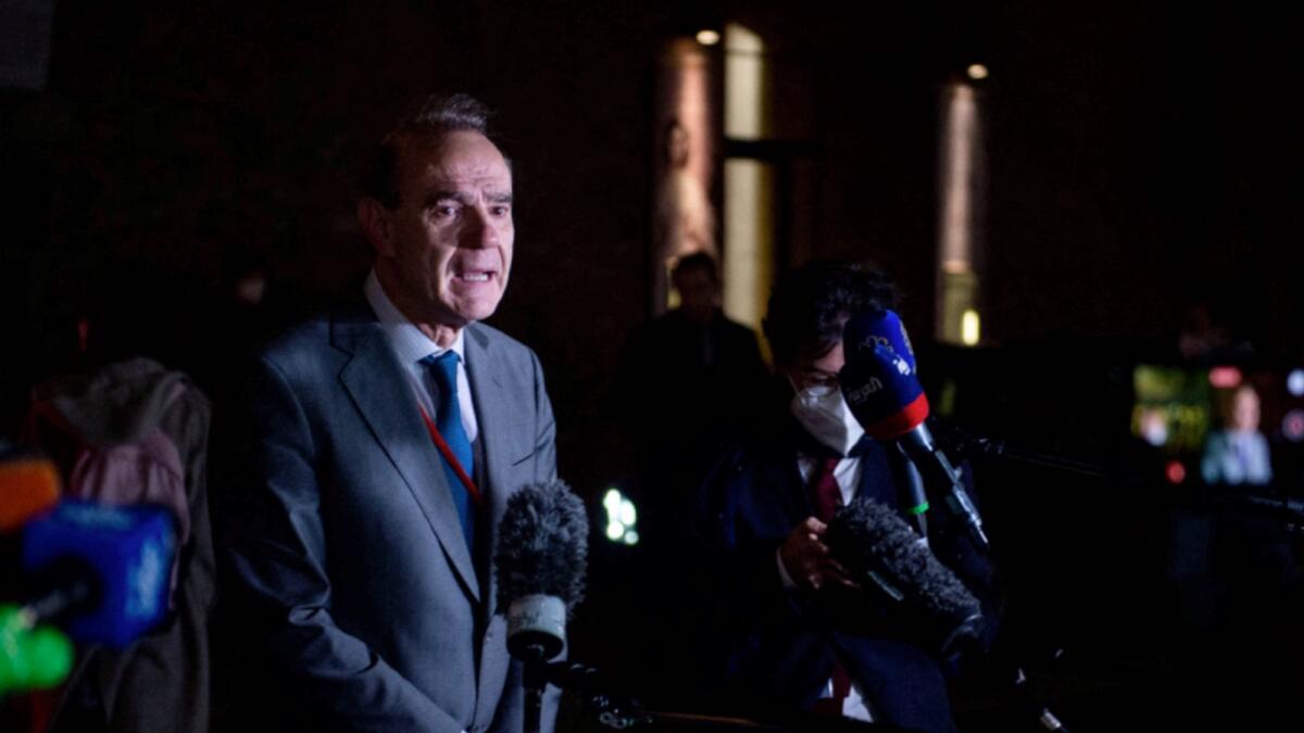 Deputy Secretary General of the European External Action Service (EEAS) Enrique Mora speaks to journalists in front of the Coburg palace after a meeting of the Joint Comprehensive Plan of Action (JCPOA) in Vienna. — AFP