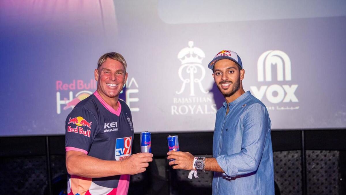 Chirag Suri with Shane Warne during a Rajasthan Royals event in Dubai. (Supplied photo)