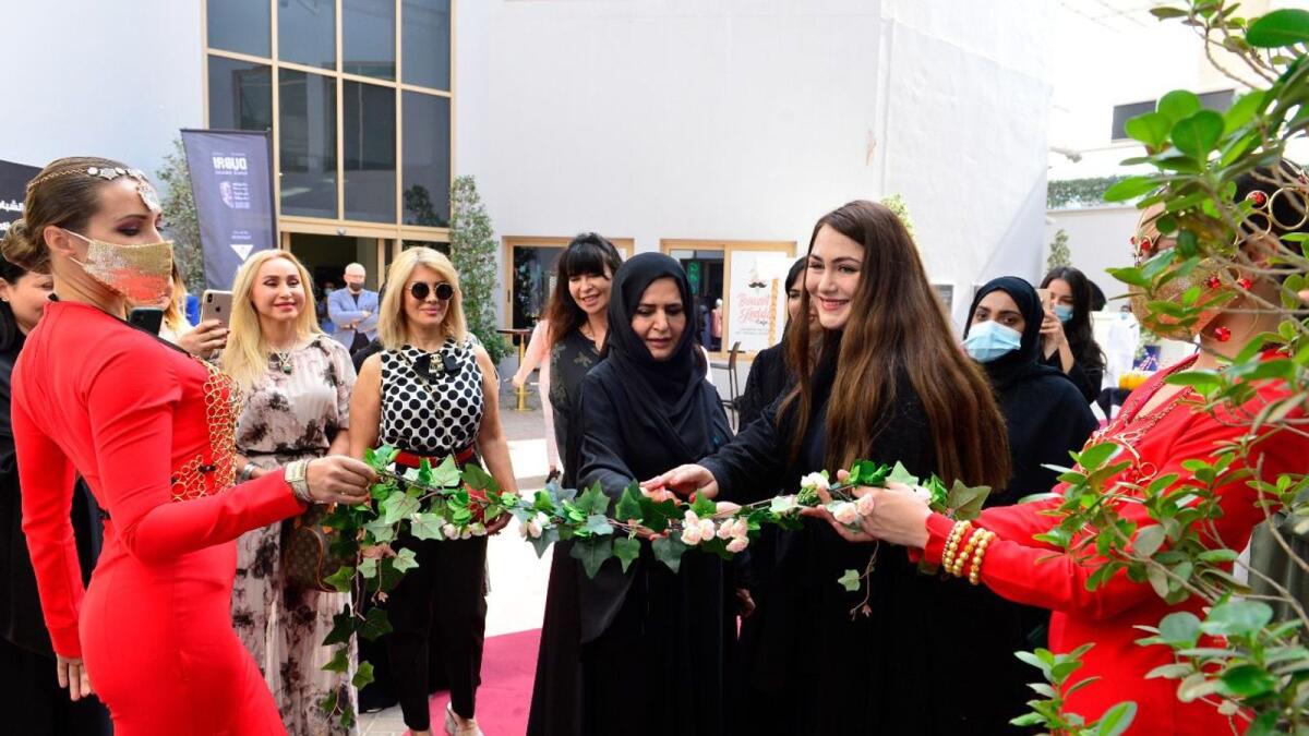 Sheikha Fatima bint Hasher Al Maktoum, President of Sawaed Al Khair Association, with Noor Galadari at the opening of the exhibition