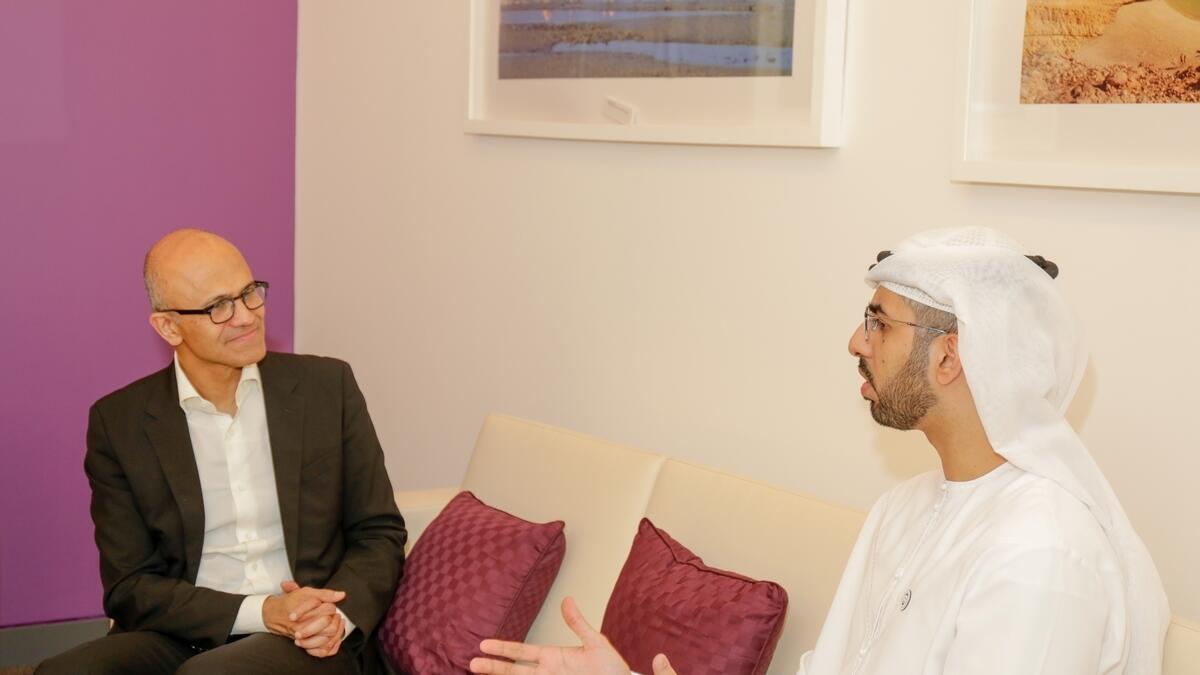 UAE Minister for Artificial Intelligence Omar bin Sultan Al Olama and Satya Nadella discuss putting innovation to good use for continued progress.