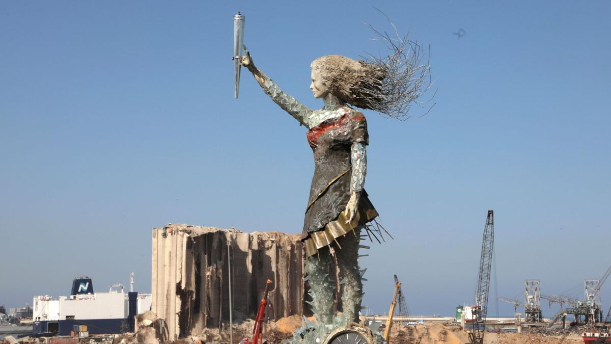 A view shows a statue by Lebanese artist, Hayat Nazer, which is made entirely out of broken glass and debris of the August 4 port explosion, near the port of Beirut, Lebanon on October 26, 2020.