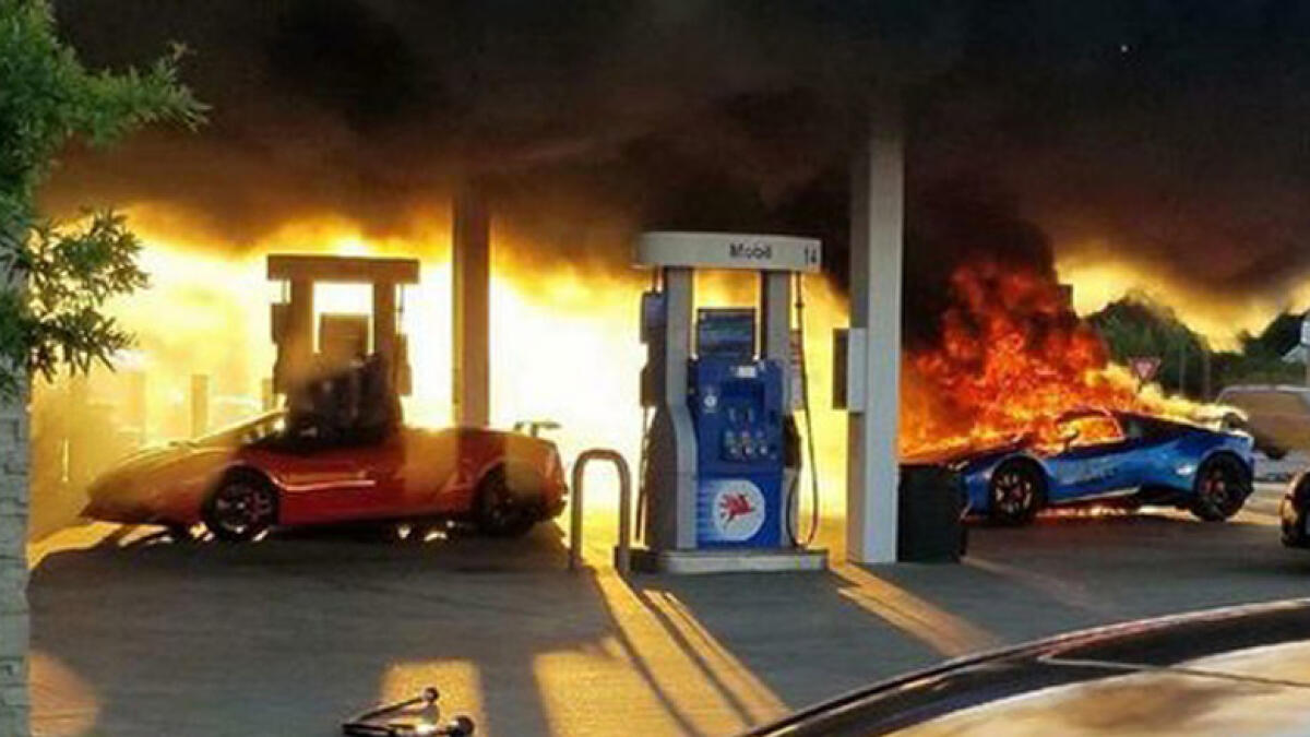 Lamborghini destroyed after catching fire at petrol station