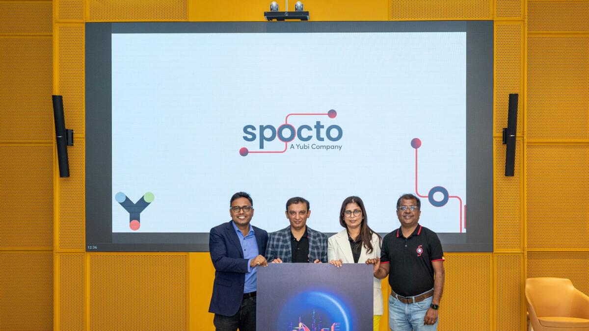 Gaurav Kumar, founder and CEO of Yubi; Vikas Thapar, chief business officer (CBO) of spocto Mena; Sumeet Srivastava, founder and CEO of spocto; and Puja Srivastava, CTO and co-founder of spocto. — Supplied photo
