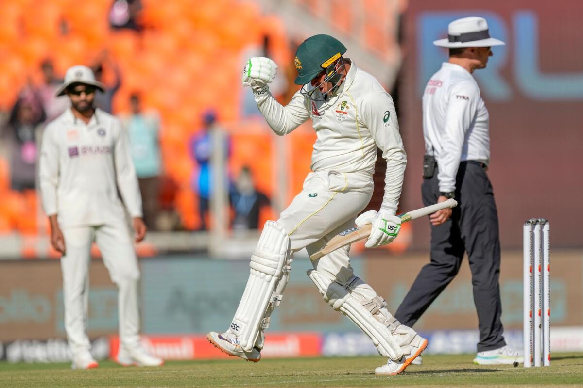 Australia's Usman Khawaja (centre), celebrate scoring a century during the first day of the fourth Test against India in Ahmedabad on Thursday. — AP