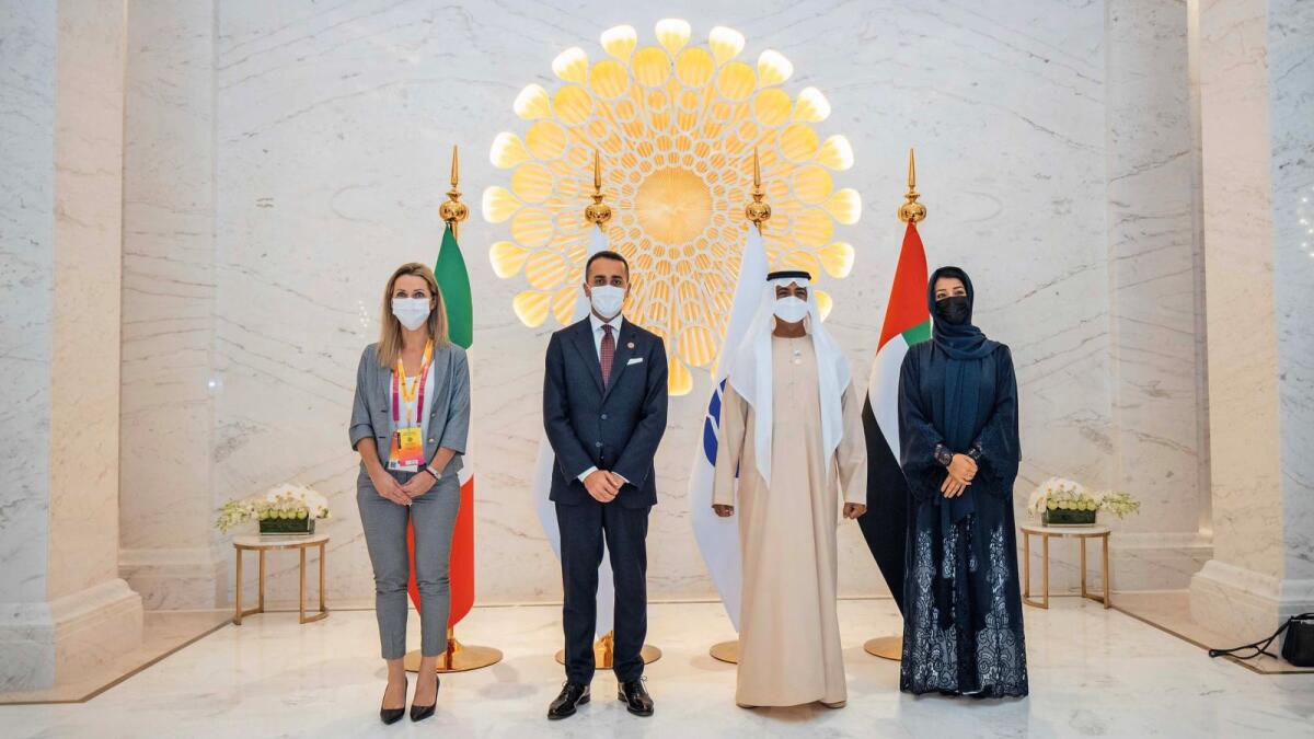 Sheikh Nahyan bin Mubarak Al Nahyan, Minister for Tolerance and Coexistence; Reem bint Al Hashimy, UAE Minister of State for International Cooperation and Director General of Expo 2020 Dubai; and Luigi De Maio.