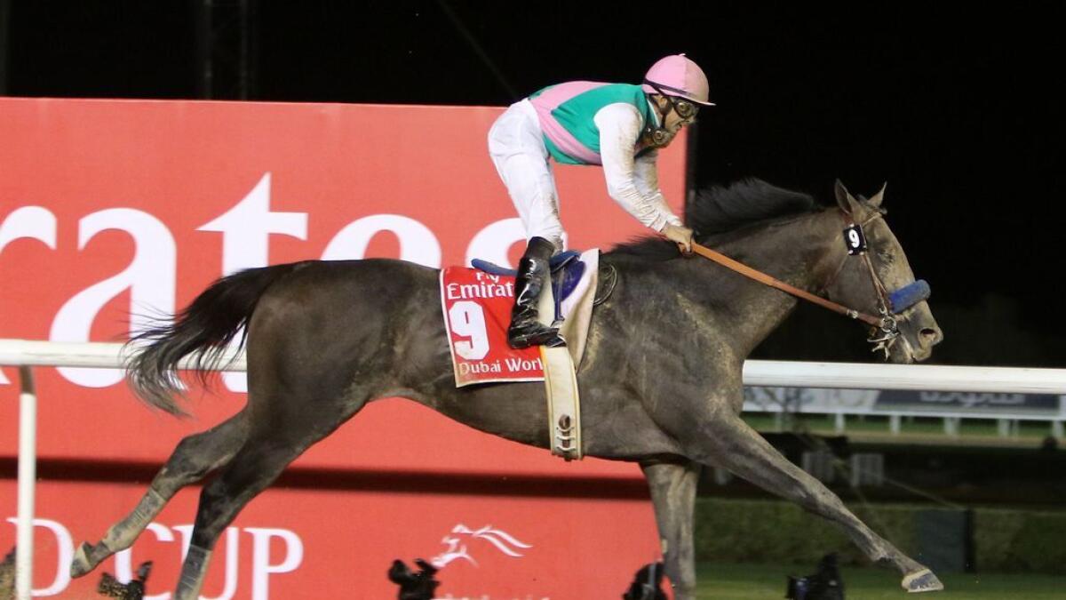Arrogate being ridden by Mike Smith during the race at Meydan Racecourse.- Photo by M.Sajjad/ Khaleej Times