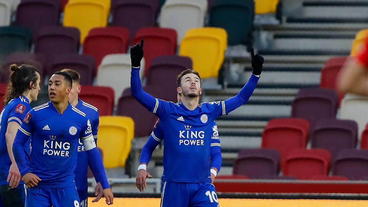 Leicester's James Maddison (right) celebrates after scoring a goal against Brentford FC in the FA Cup. — AP