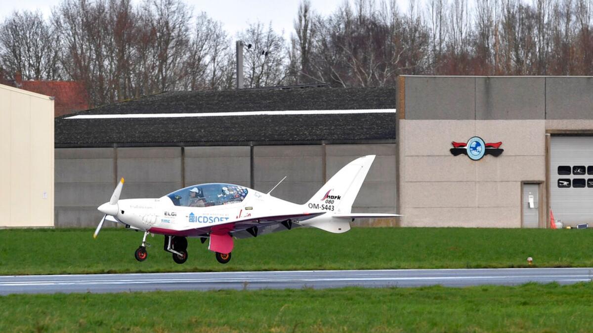 Zara Rutherford lands her Shark ultralight plane at the Kortrijk airport in Belgium. – AP