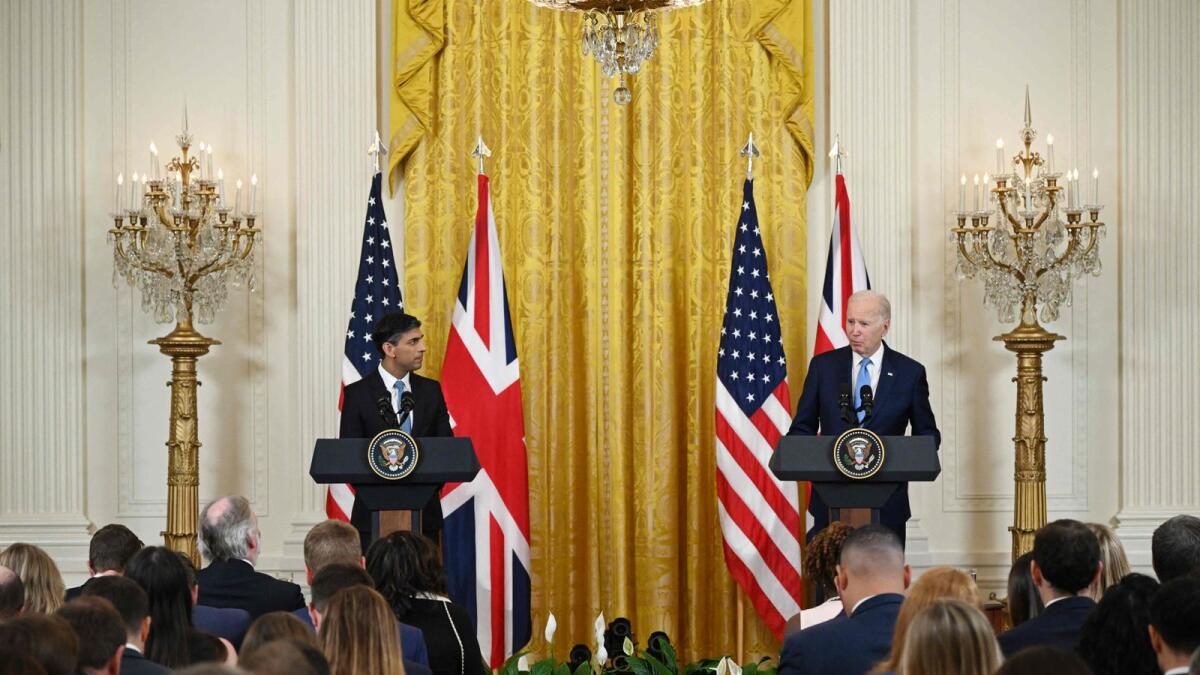 US President Joe Biden and British Prime Minister Rishi Sunak hold a joint-press conference in the East Room of the White House in Washington, DC, on Thursday. — AFP