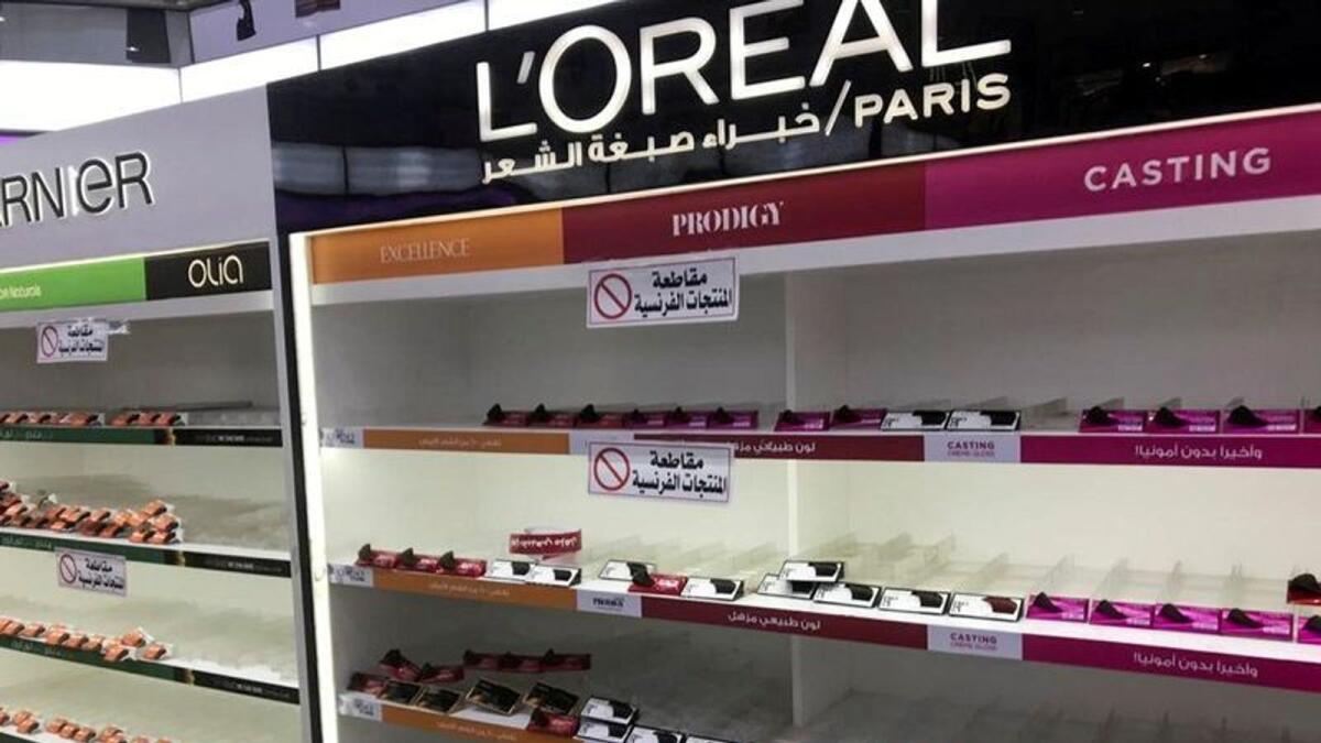 Empty shelves are seen where French products were displayed, after Kuwaiti supermarkets' boycott on French goods, in Kuwait City, Kuwait, October 25, 2020.