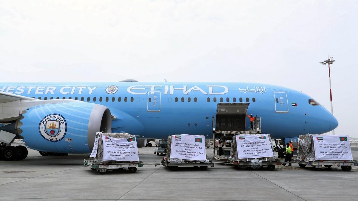 Medical aid loaded onto an Etihad Airways plane for Bangladesh.