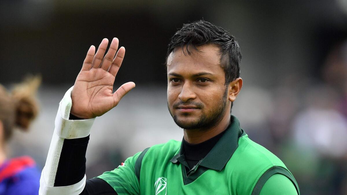 Bangladesh's Shakib Al Hasan waves to the fans as he walks off the pitch after winning the 2019 World Cup group stage match against West Indies  in Taunton. (AFP file)