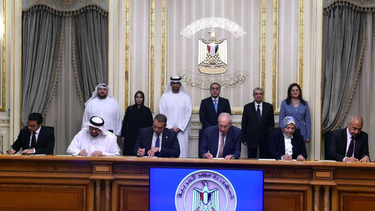The MoUs were signed in the presence of Mostafa Kamal Madbouly, Prime Minister of the Arab Republic of Egypt;  Dr Sultan bin Ahmed Al Jaber, UAE Minister of Industry and Advanced Technology, Special Envoy for Climate Change and Chairman of Masdar; Dr Mohamed Shaker El-Markabi, Minister of Electricity and Renewable Energy for Egypt; and Dr Hala El Said, Minister of Planning and Economic Development and Chairperson of The Sovereign Fund of Egypt. — Supplied photo