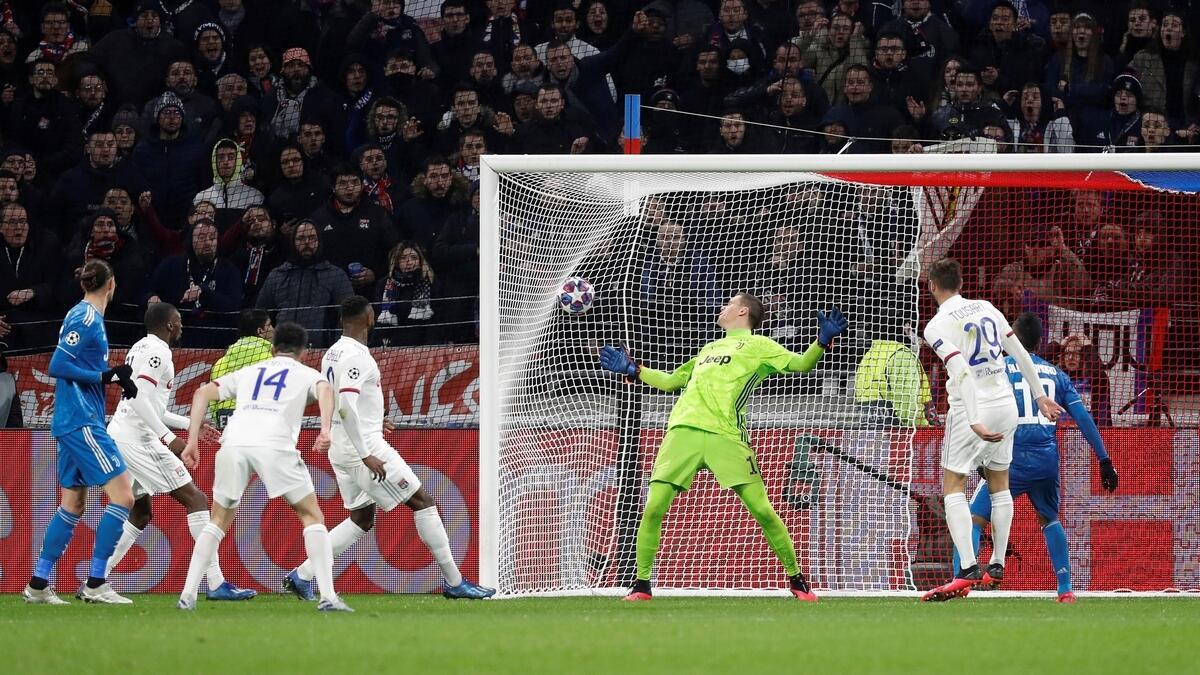 Olympique Lyonnais' Lucas Tousart scores a goal against Juventus