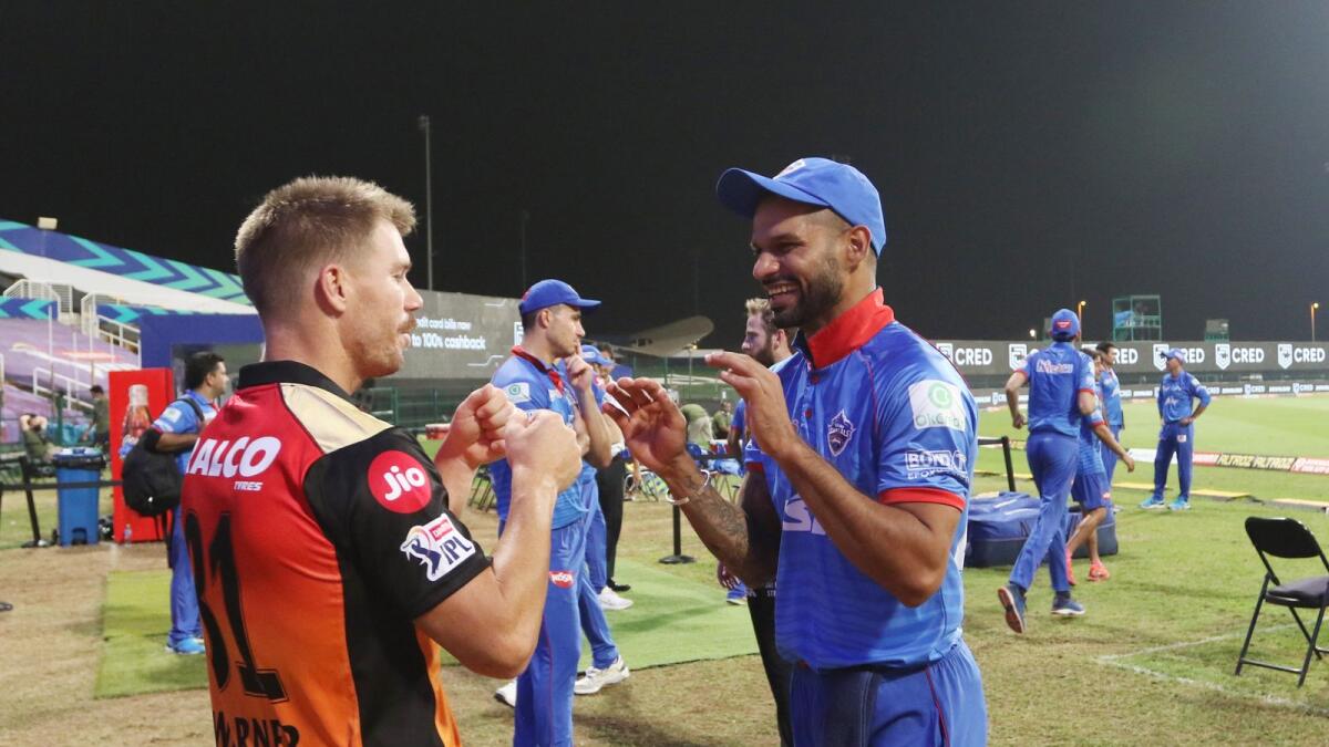 Sunrisers Hyderabad captain David Warner and Shikhar Dhawan of Delhi Capitals after the match. (IPL)