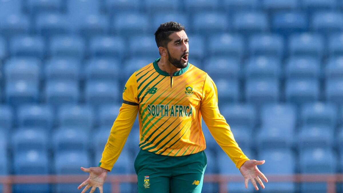 Tabraiz Shamsi celebrates the wicket of Shimron Hetmyer during the third T20I between the West Indies and South Africa. (AFP)