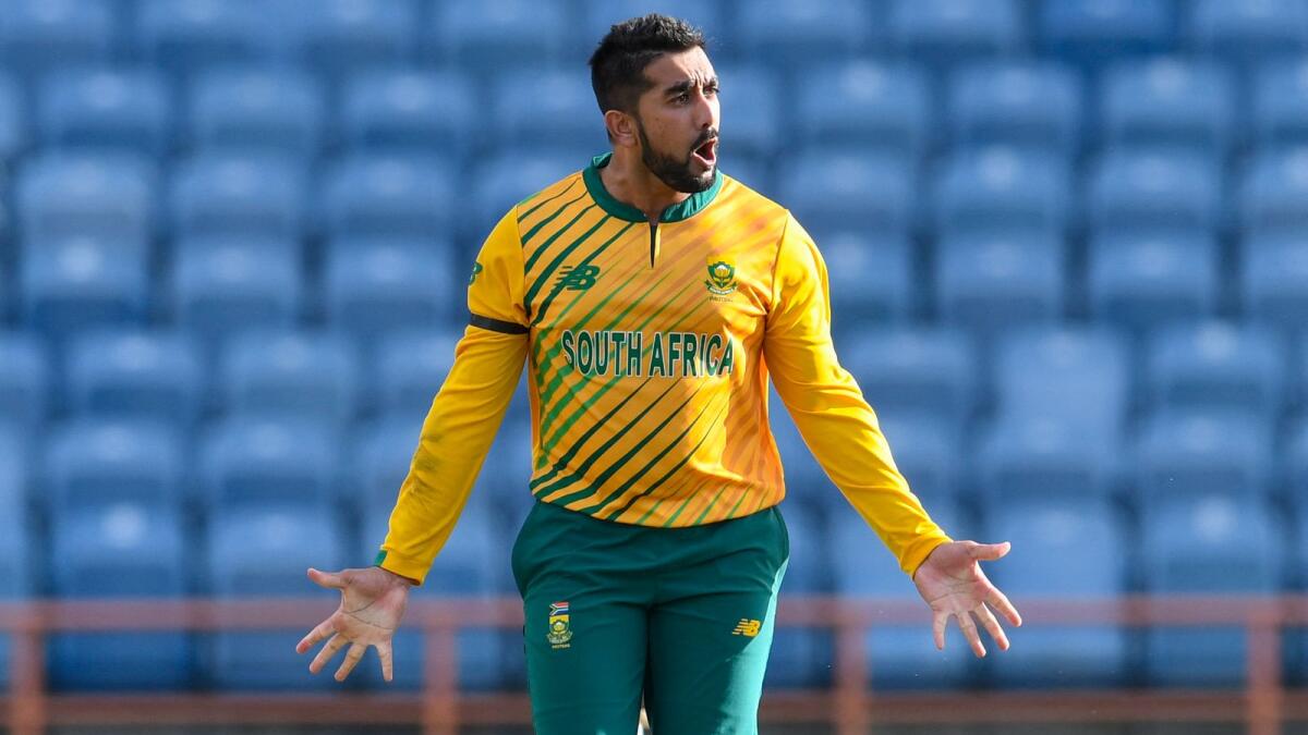 Tabraiz Shamsi celebrates the wicket of Shimron Hetmyer during the third T20I between the West Indies and South Africa. (AFP)