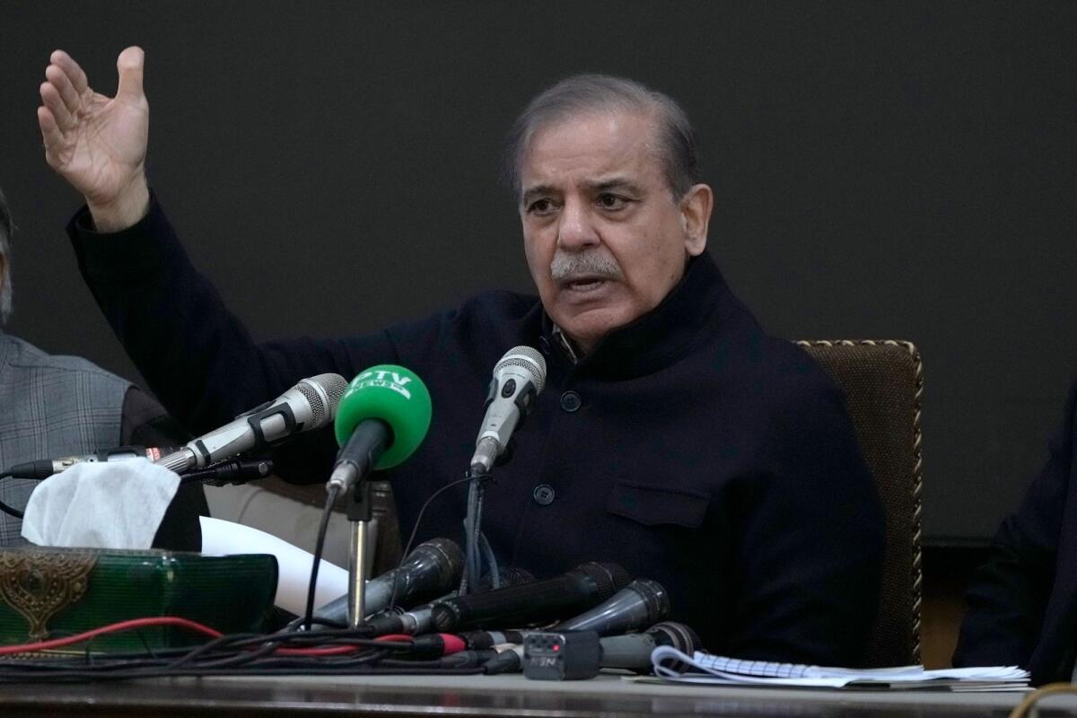Pakistan's former prime minister Shahbaz Sharif speaks during a press conference regarding parliamentary elections in Lahore, Pakistan, on Tuesday. — AP