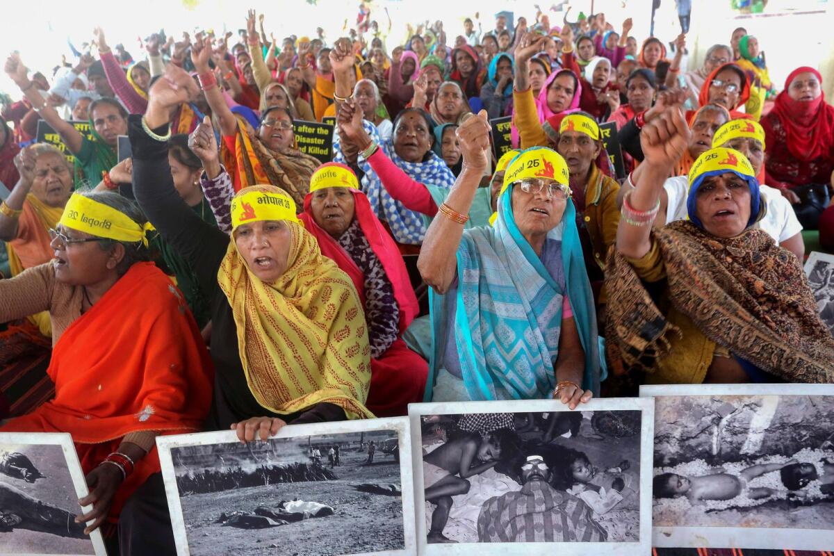 Survivors of 1984 Bhopal gas tragedy stage a protest demanding proper additional compensation in Bhopal on December 30, 2022. — PTI