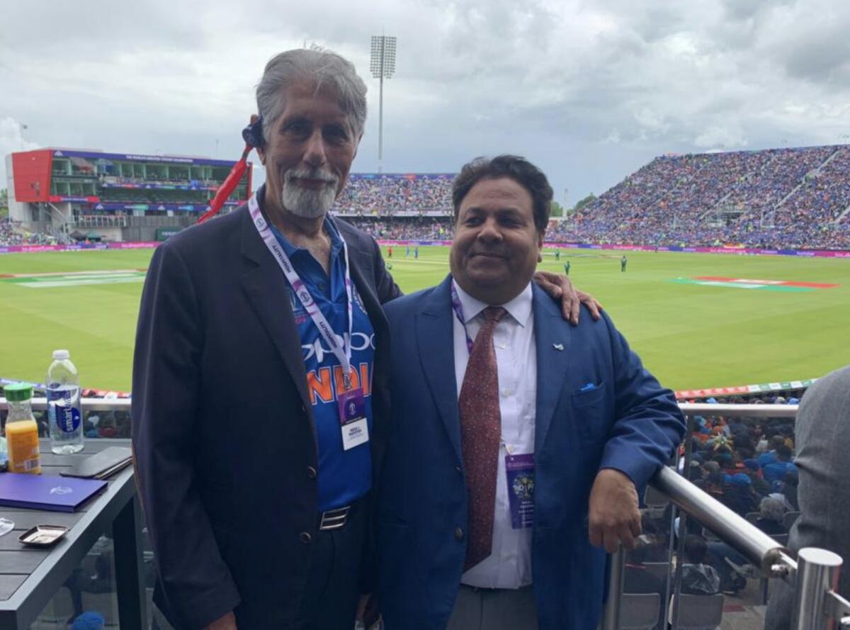 Shyam Bhatia (left) with BCCI vice-president Rajeev Shukla at the 2019 World Cup in England. — Supplied photo