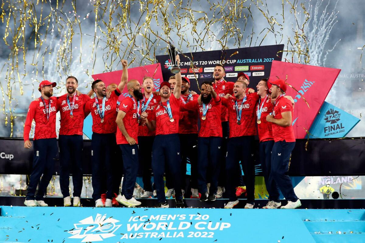 England players celebrate winning the T20 World Cup in Melbourne on Sunday. — AFP