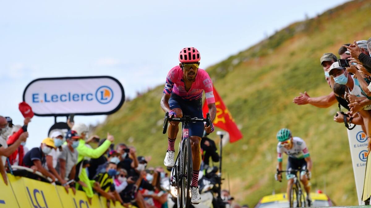 EF Pro Cycling rider Daniel Felipe Martinez of Colombia wins the stage ahead of BORA-Hansgrohe rider Lennard Kaemna of Germany.