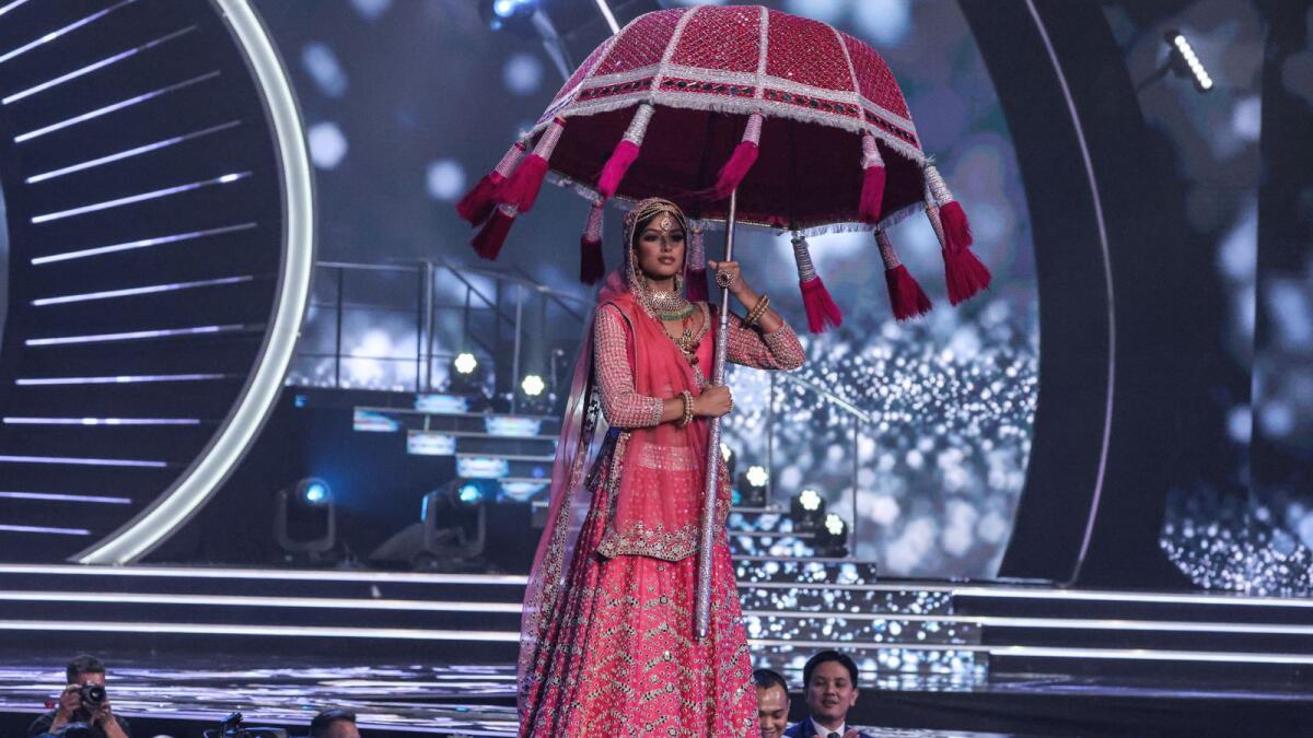 Miss India, Harnaaz Sandhu, appears on stage during the national costume presentation of the 70th Miss Universe beauty pageant in Israel's southern Red Sea coastal city of Eilat on December 10, 2021. (Photo: AFP)