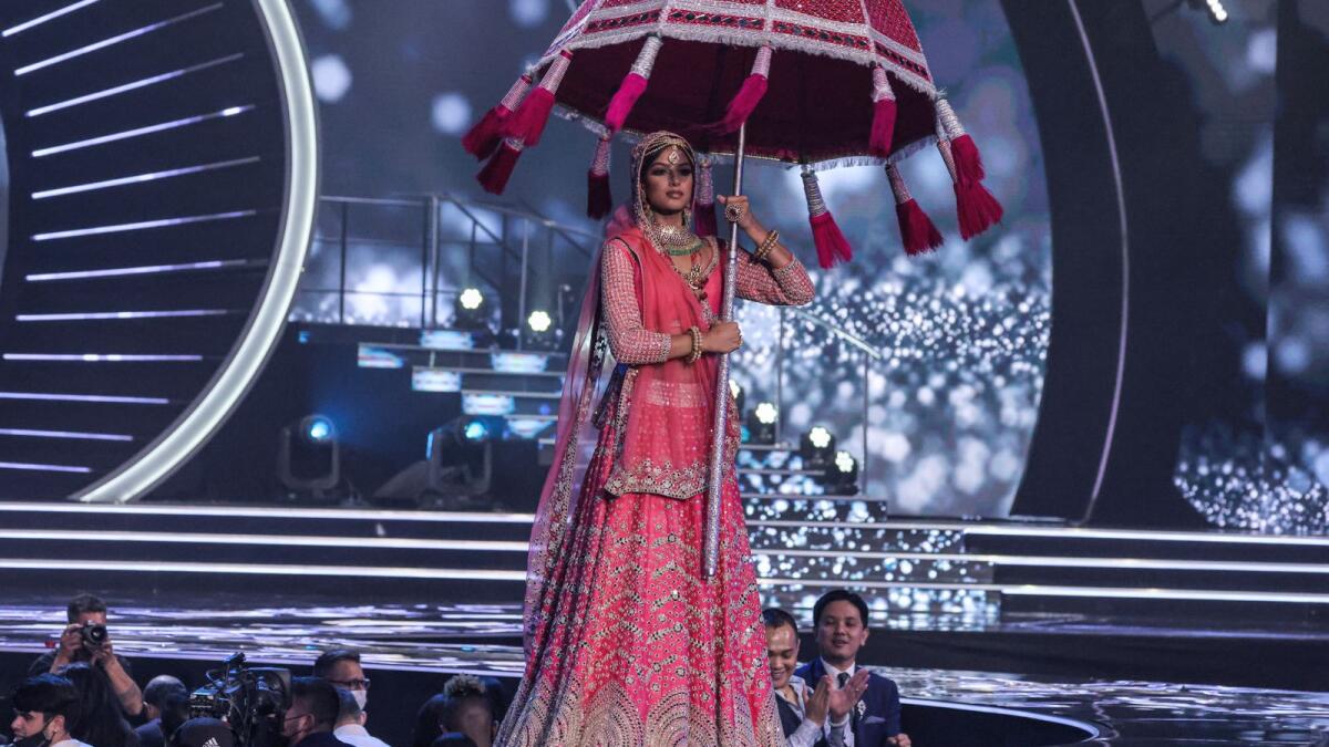 Miss India, Harnaaz Sandhu, appears on stage during the national costume presentation of the 70th Miss Universe beauty pageant in Israel's southern Red Sea coastal city of Eilat on December 10, 2021. (Photo: AFP)