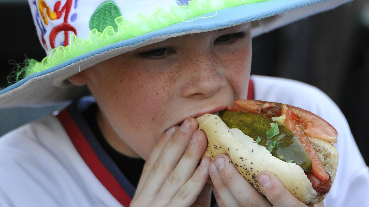 A young fan eats a hot dog before a baseball game between the Chicago White Sox and the Houston Astros, in Chicago.