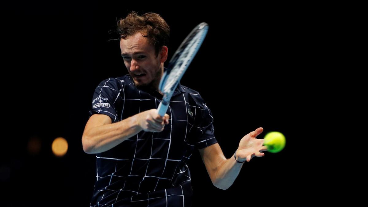 Russia's Daniil Medvedev in action during his group stage match against Germany's Alexander Zverev.