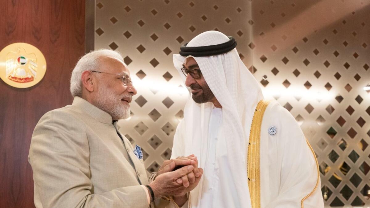 Sheikh Mohamed bin Zayed Al Nahyan with Narendra Modi. — Wam file