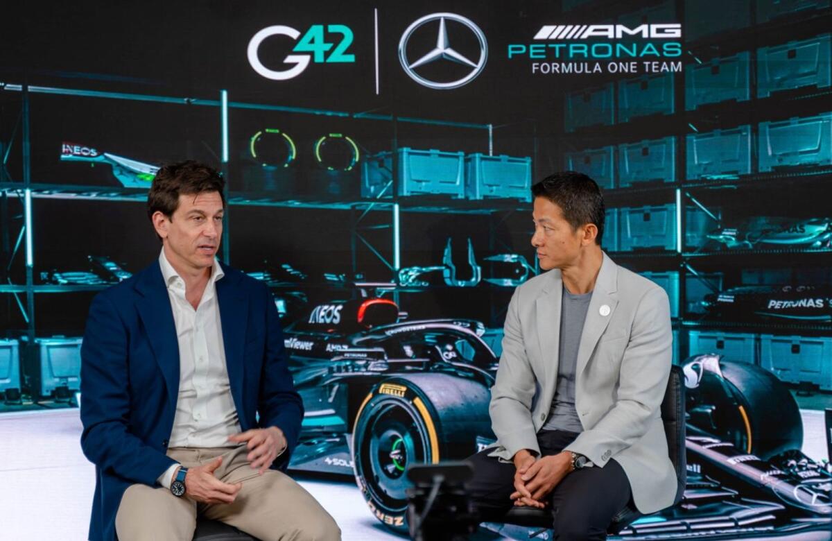 Mercedes-AMG Petronas team principal and CEO Toto Wolff (left) with G42 CEO Peng Xia. — Supplied photo