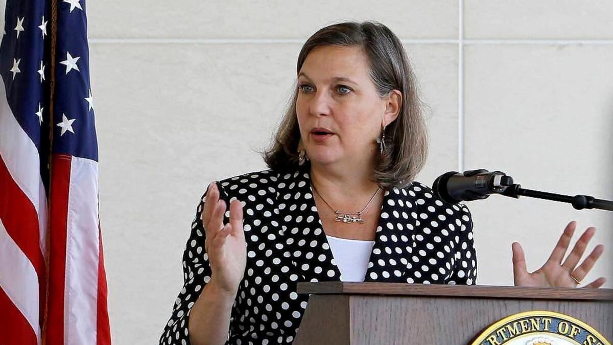 U.S. Assistant Secretary of State for European and Eurasian Affairs Victoria Nuland talks to the media at a news conference at the U.S. Embassy in Skopje, Macedonia, on Monday, July 11, 2016. During the Western Balkan tour, the senior U.S. official had meetings earlier on Monday with the leaders of Macedonian main political parties in a new bid to help ending the country's political crisis. (AP Photo/Boris Grdanoski)