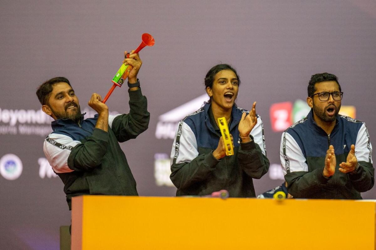 PV Sindhu and her teammates used tambourines and vuvuzelas to cheer the players on the court. — Photo by Shihab