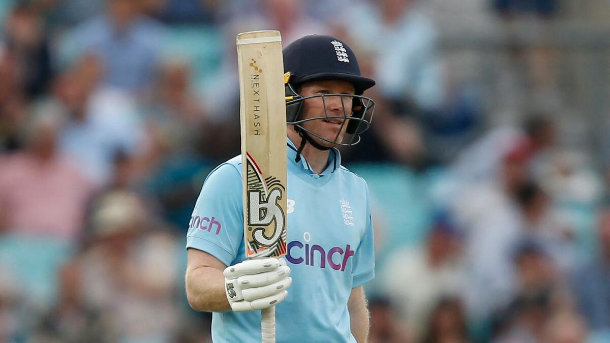 England captain Eoin Morgan celebrates his half-century in the second ODI against Sri Lanka on July 1. (AFP)