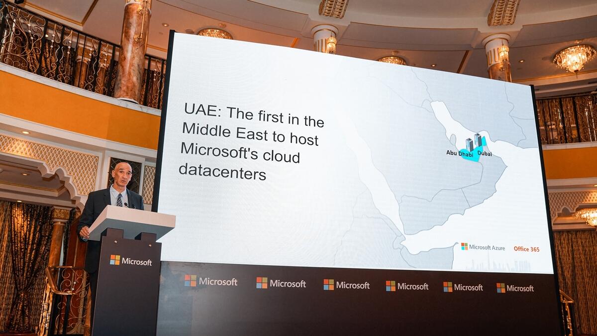 Sayed Hashish, regional general manager of Microsoft Gulf, addressing an event launching Microsoft's cloud data centres in the UAE in Dubai on Wednesday.